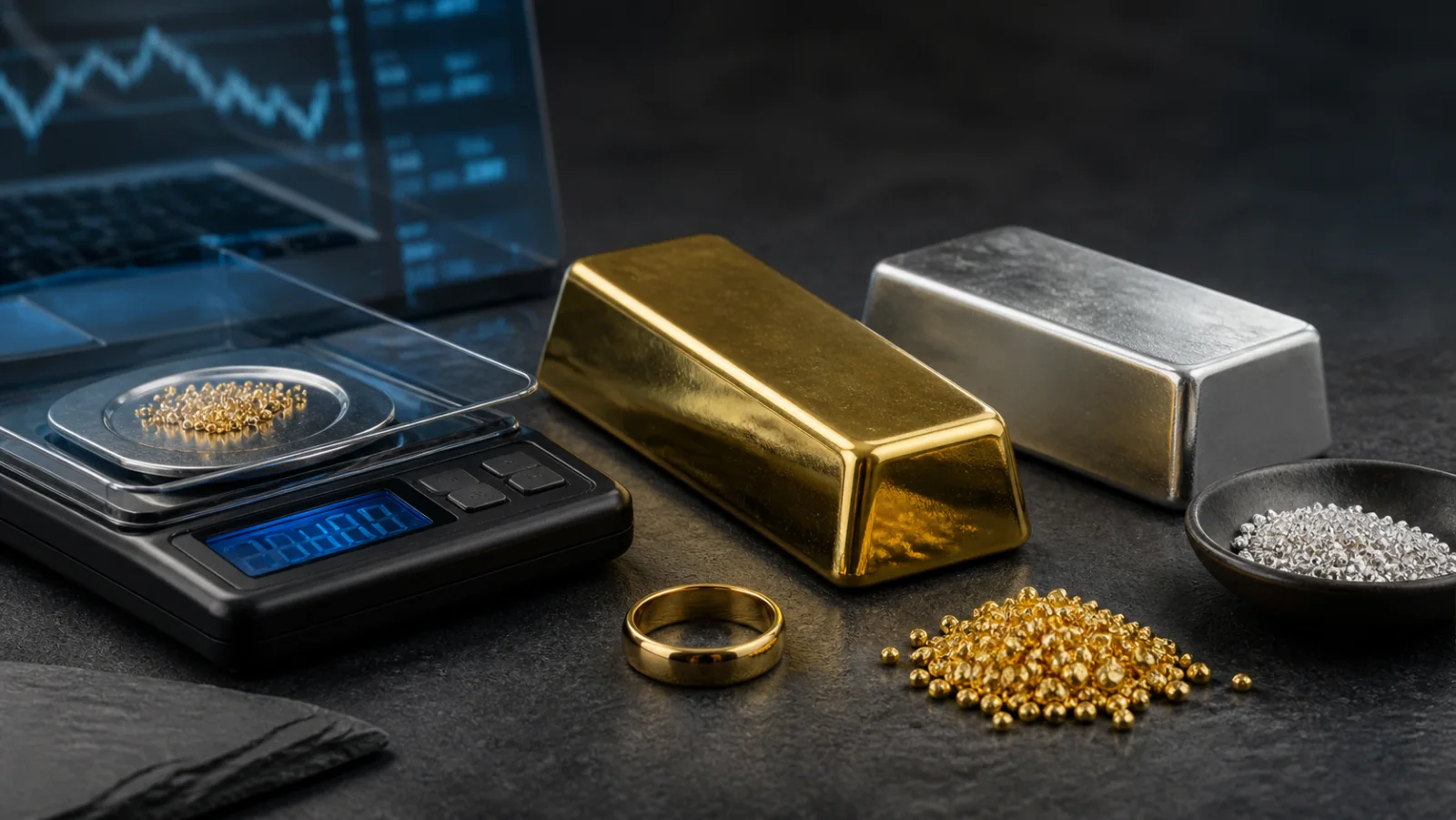 Gold and silver bars, metal grains, and a precision scale used for valuation